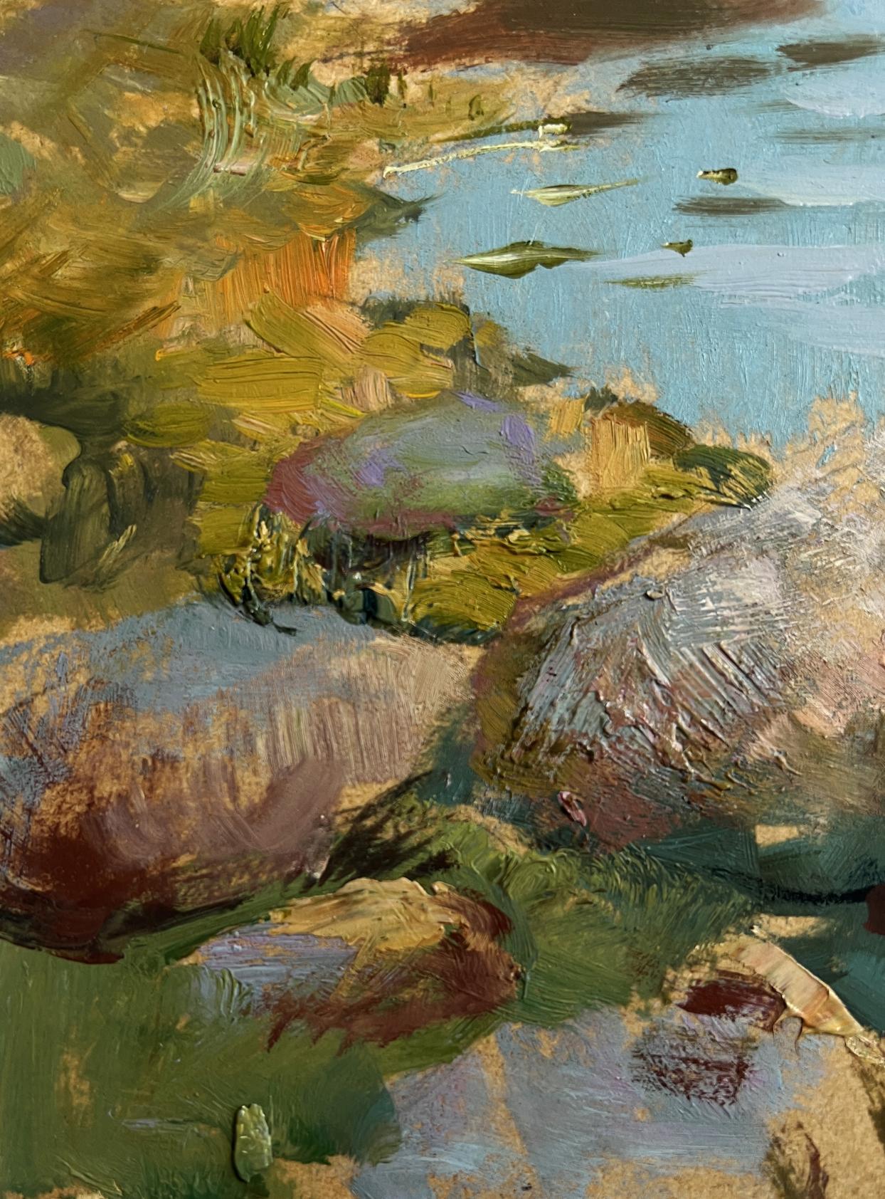 Impressionistic oil painting of quiet village harbour rocky shoreline by Yuriy Suprunchuk