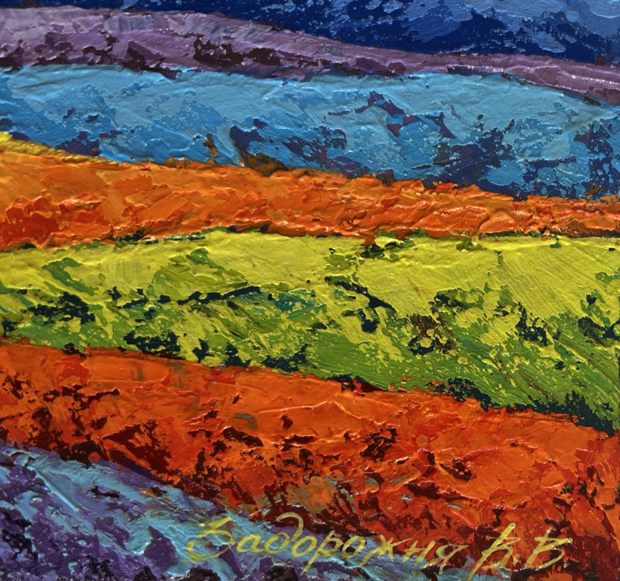 Vibrant oil painting of orange sunset behind mountains by V. Zadorozhnya