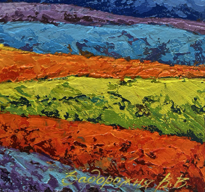 Vibrant oil painting of orange sunset behind mountains by V. Zadorozhnya