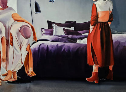 Oil painting The hostess came home by Igor Konovalov: bedroom with purple white bed