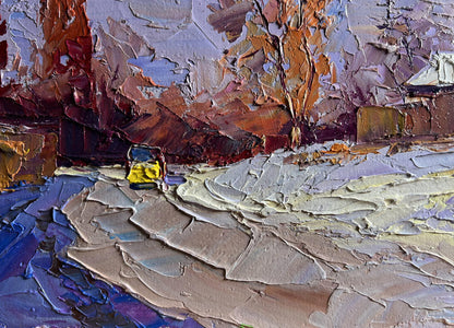 Oil painting by Boris Serdyuk: yellow car on snowy impressionist road