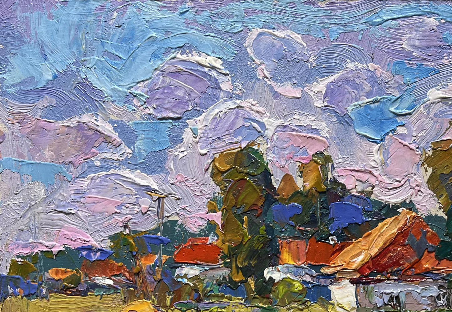 Oil painting Quiet village street by Oksana Ivanyuk with vibrant sky