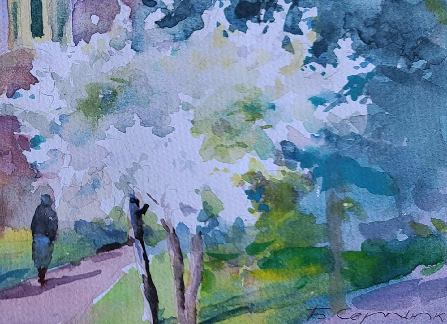 Watercolor painting The ringing of spring bells by Boris Serdyuk, tree with white blossoms