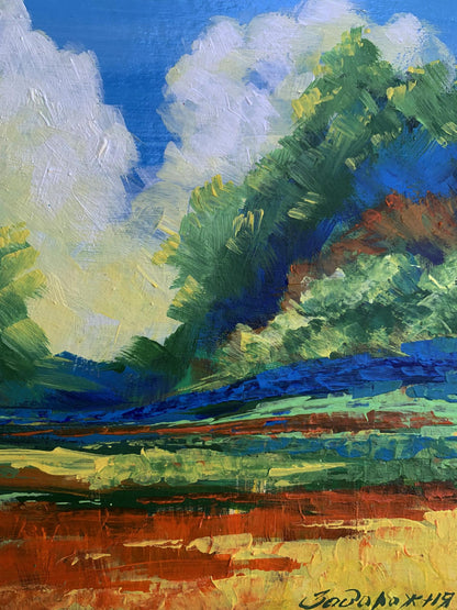 Vibrant impressionist oil painting Sun behind the clouds by V. Zadorozhnya