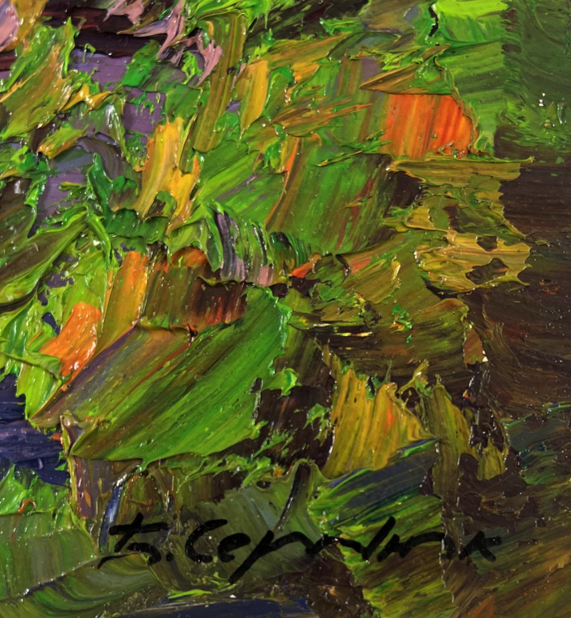 Vibrant impressionist oil painting of autumn colors in warm evening light by Boris Serdyuk