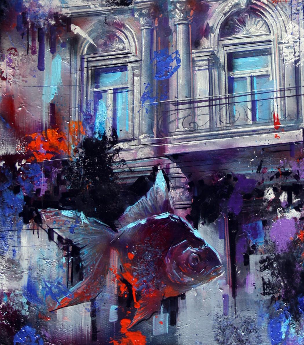 Vibrant abstract goldfish oil painting Waiting for a miracle by Alexander Dobrodiy