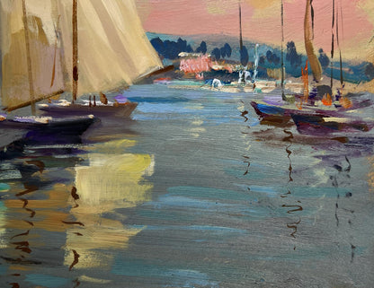Serene impressionist oil painting of Scarlet sunset on ferry by Yuriy Suprunchuk