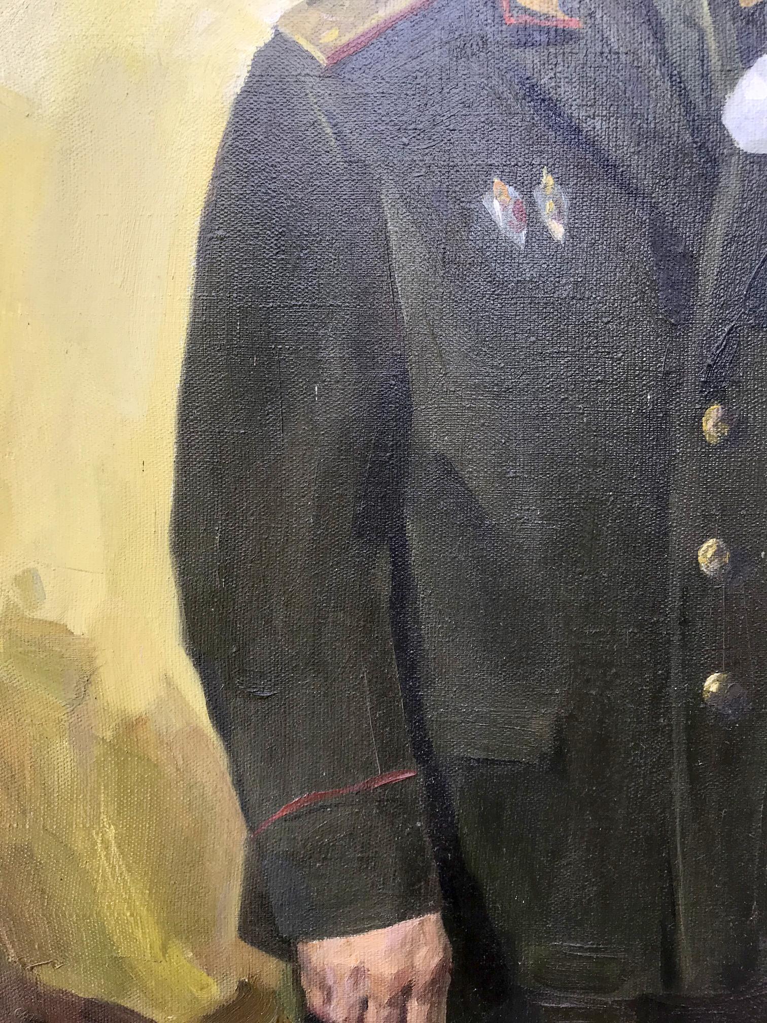 Oil painting portrait of KGB Major General Koval A.S. Soroka in dark green military coat with gold buttons and red piping