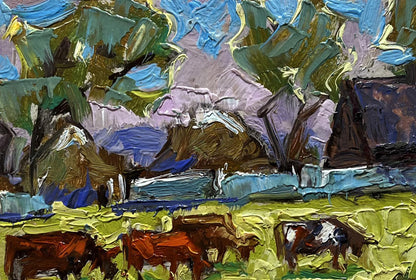Impasto oil painting by Oleksiy Ivanyuk: cows grazing green field