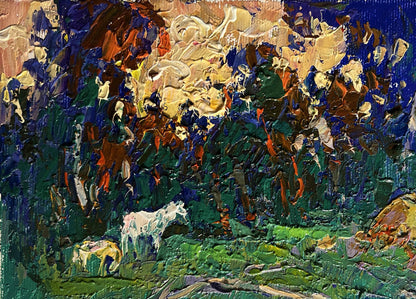 Oil painting of yellow sunset behind tree branches by Oleksiy Ivanyuk