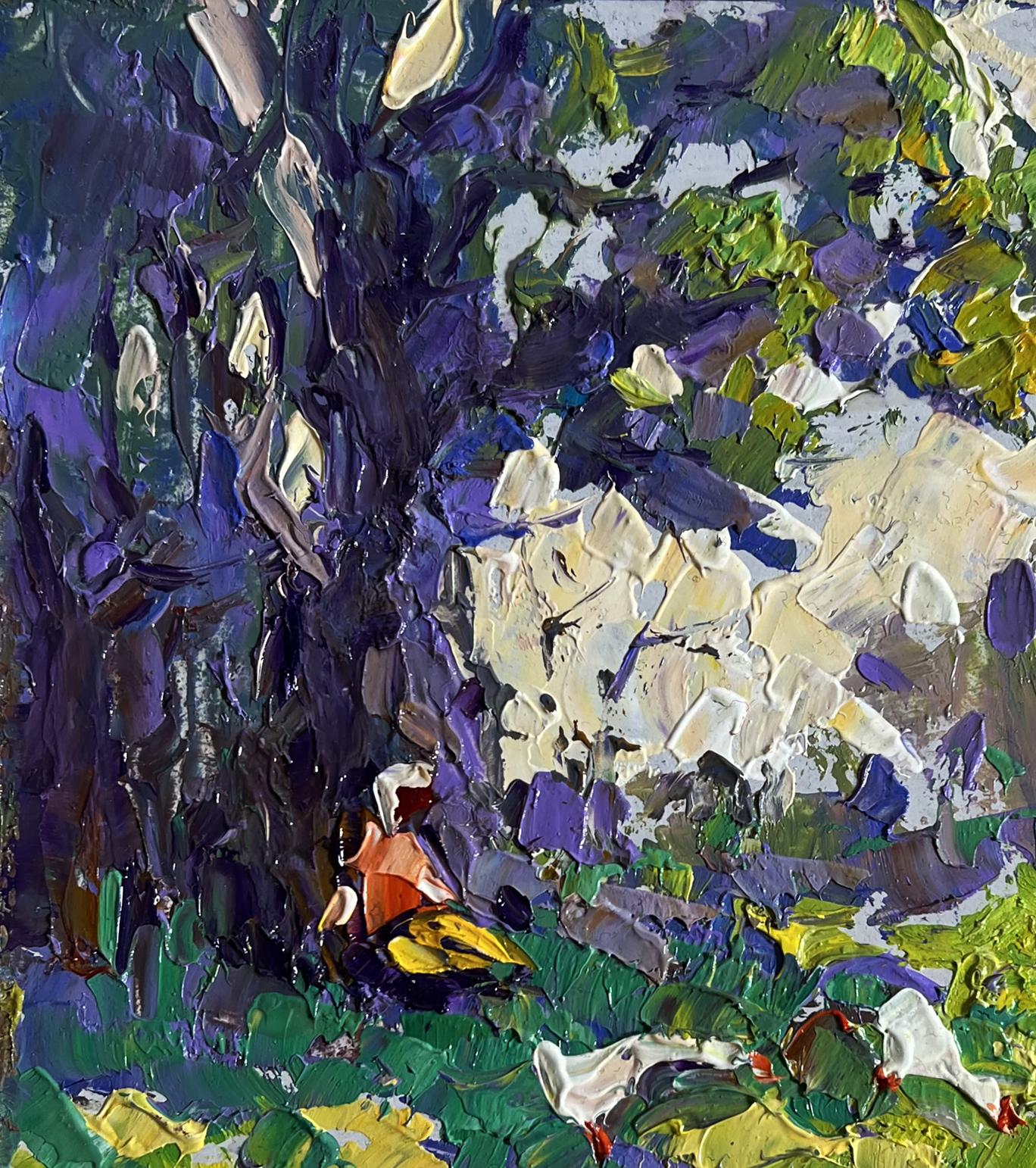 Oil painting Relaxing in the Meadow by Oleksiy Ivanyuk with purple tree