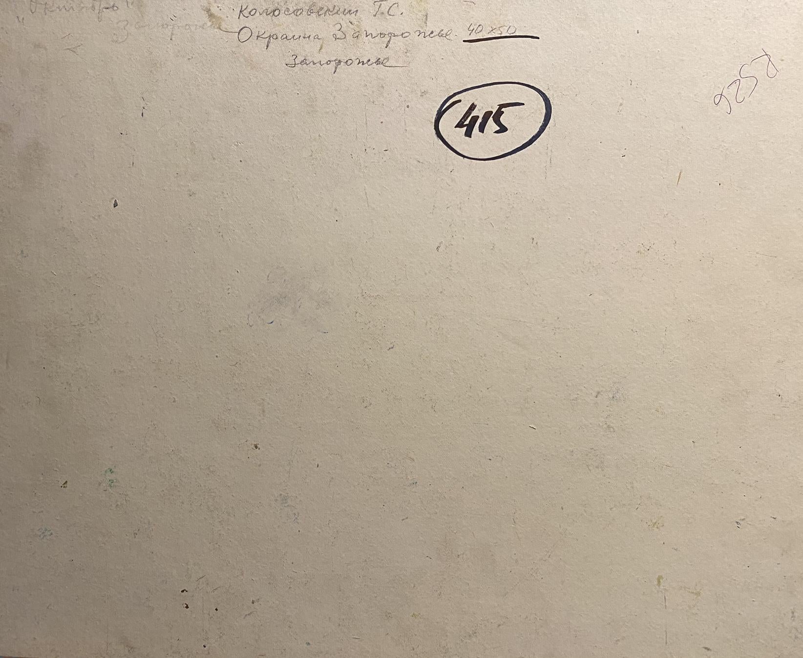Back of Georgy Kolosovsky city oil painting with Cyrillic text and 415 on beige wall