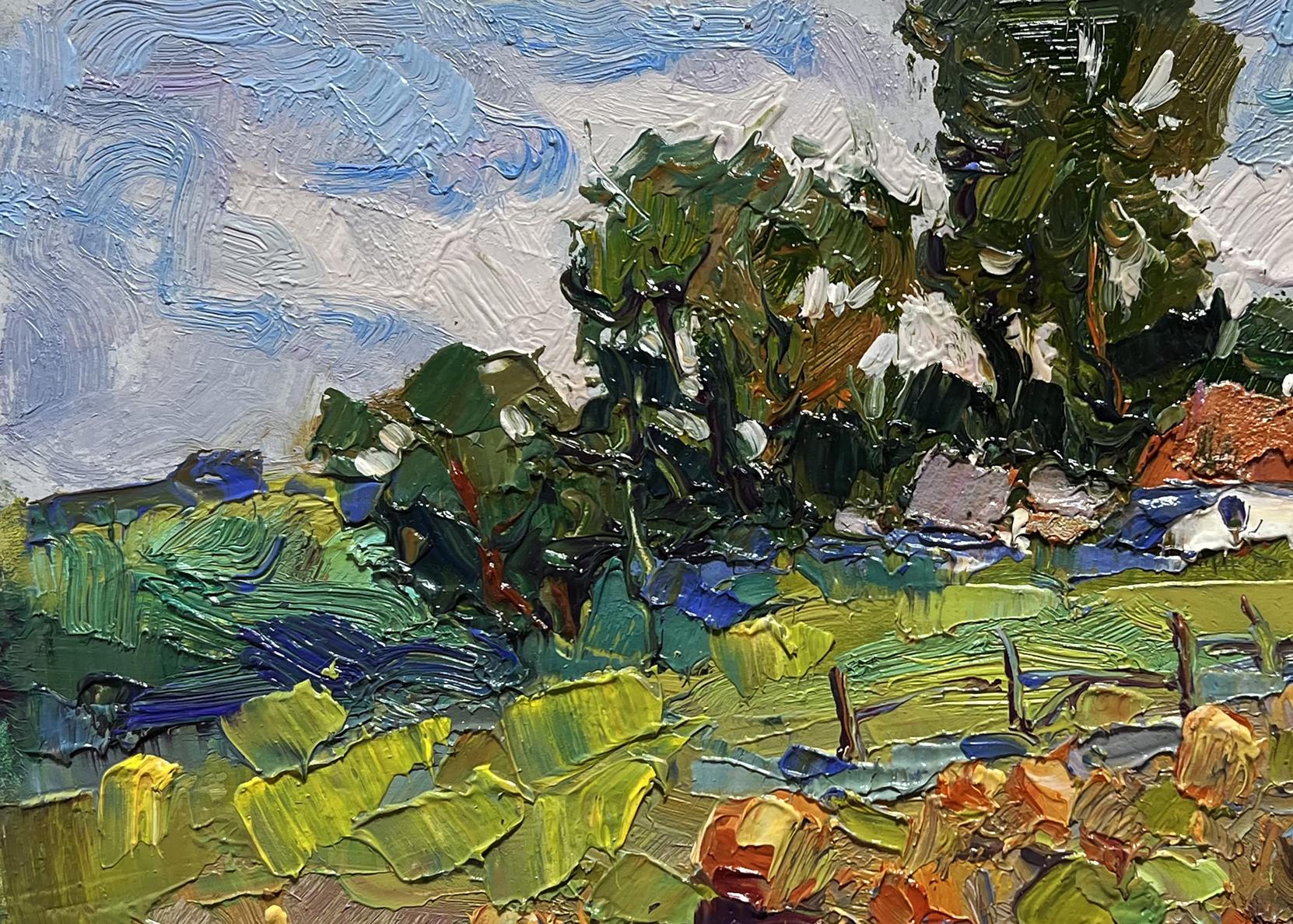 Impasto oil painting by Oksana Ivanyuk: pumpkins in textured garden landscape