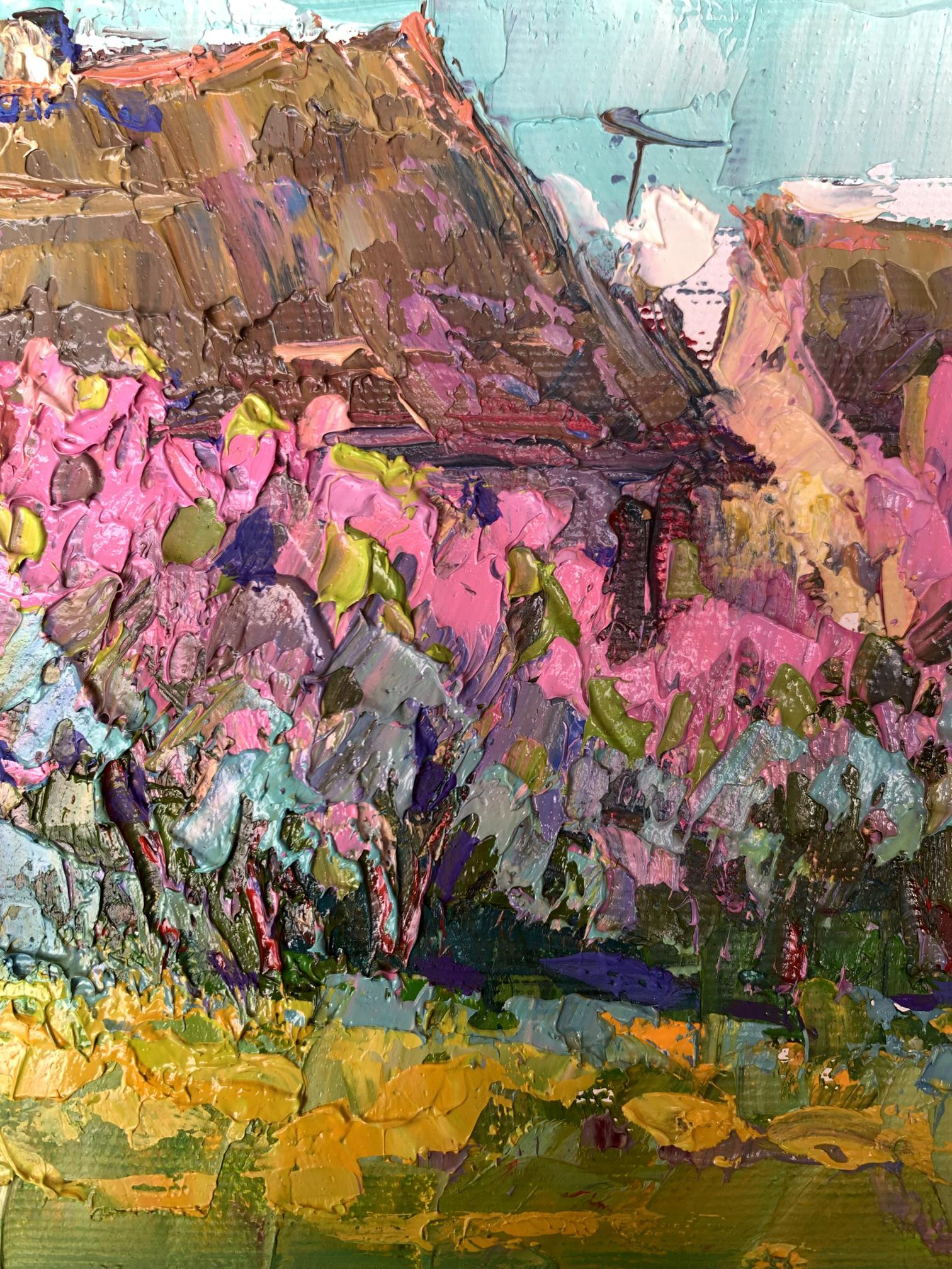 Vibrant Blooming Garden oil painting by Oksana Ivanyuk, impressionist thatched roof in lush pink foliage