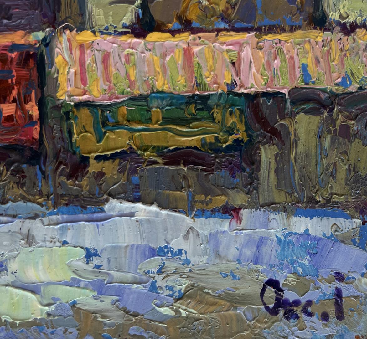 Oil painting Sunset behind rooftops by Oksana Ivanyuk vibrant impasto hues
