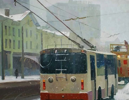 Oil painting of beige and red trolleybus in snow by Anastasia Yaroshevich