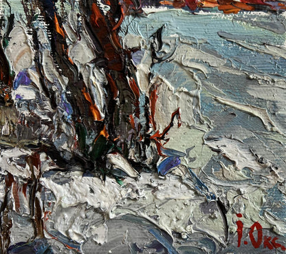 Oil painting First winter ice by Oksana Ivanyuk with silver gray impasto strokes