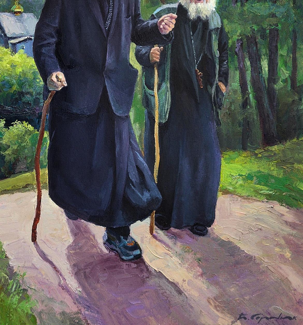 Oil painting by Boris Serdyuk: two elderly men in robes on sunlit path