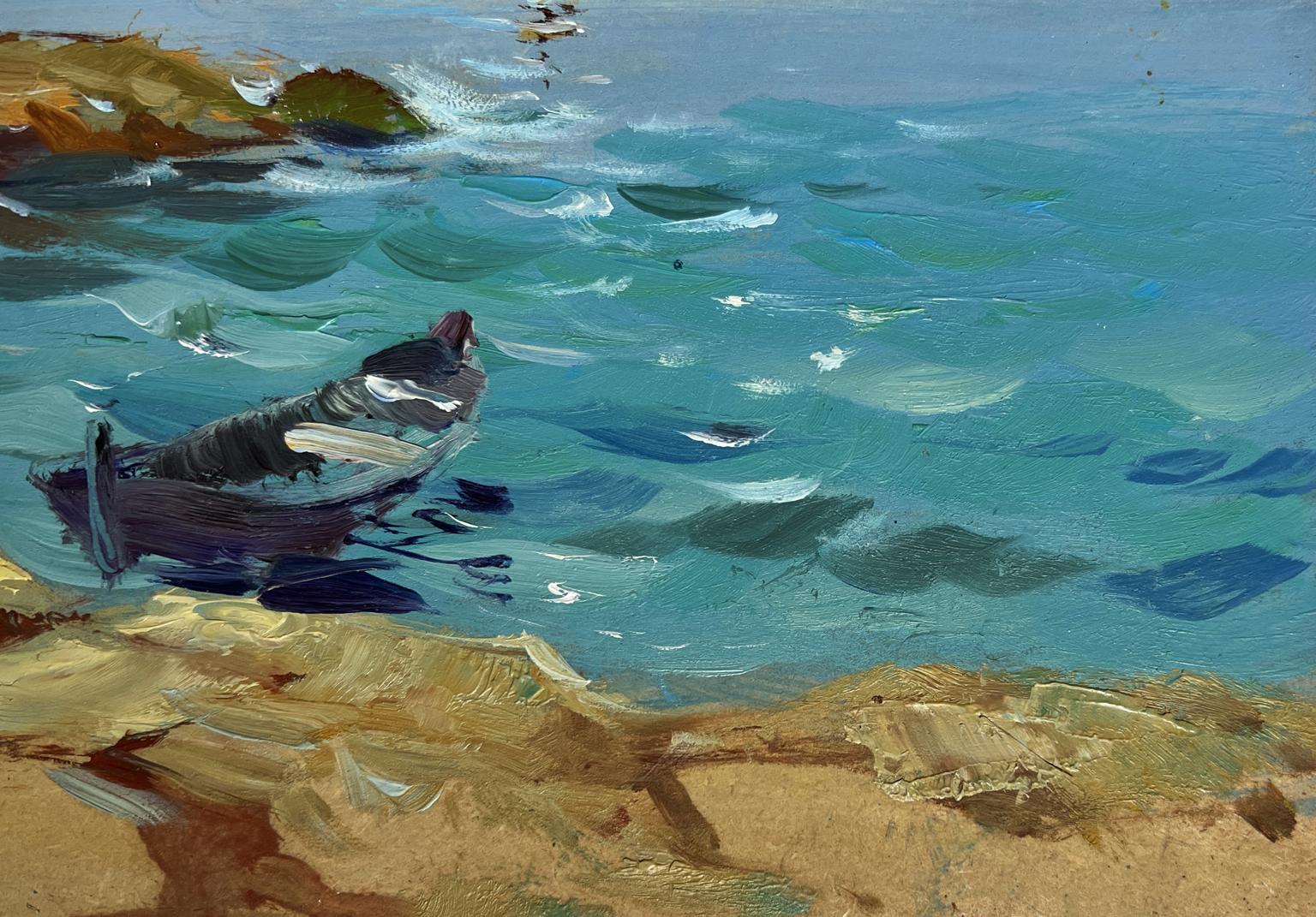 Oil painting of rowboat on turquoise sea at sunset by Yuriy Suprunchuk