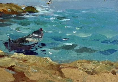 Oil painting of rowboat on turquoise sea at sunset by Yuriy Suprunchuk
