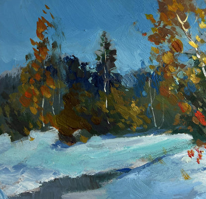 Oil painting by Yuriy Suprunchuk: autumn trees over snowy ground