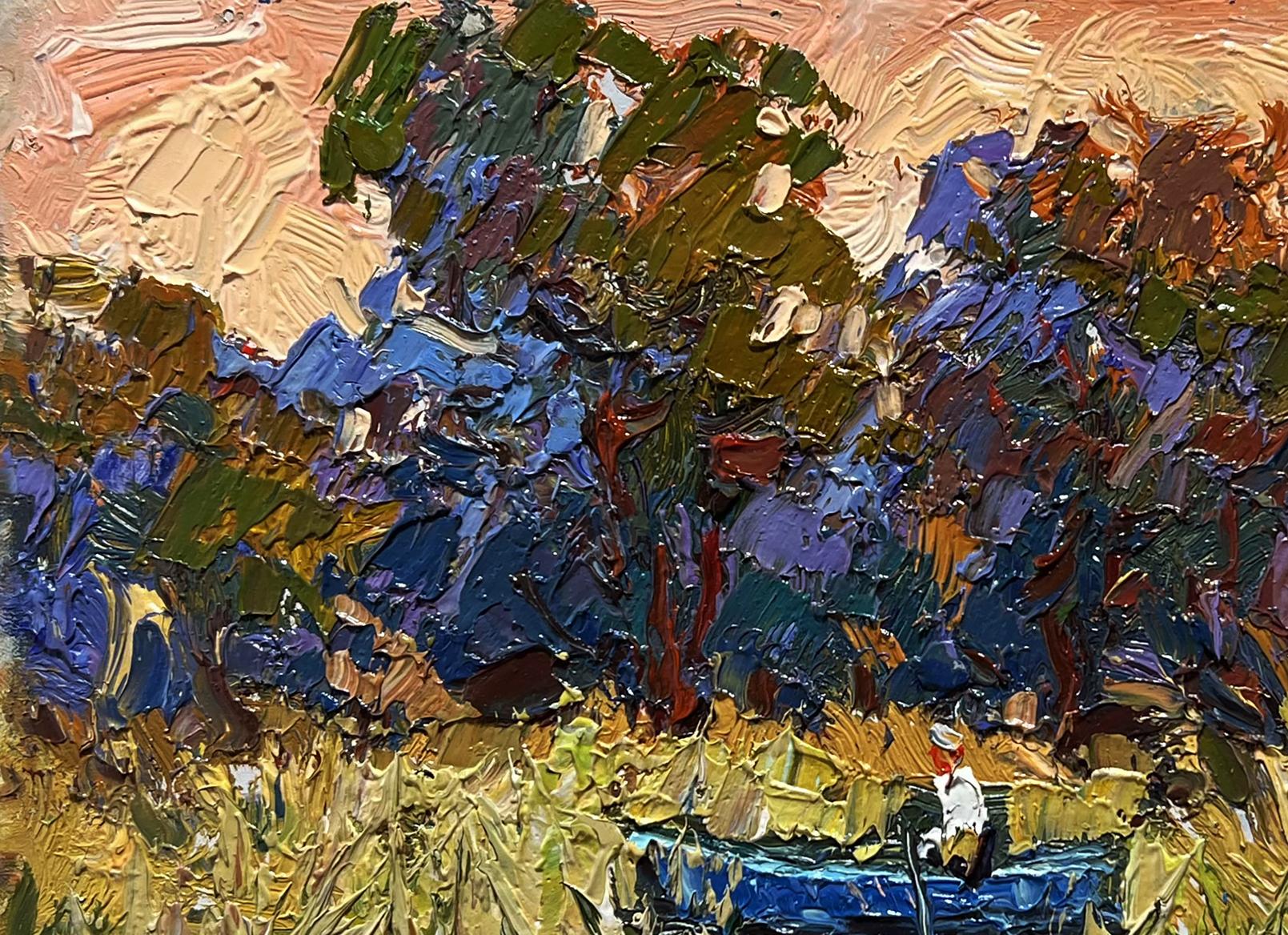 Vibrant impressionist oil painting by Oksana Ivanyuk: boat among reeds