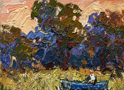 Vibrant impressionist oil painting by Oksana Ivanyuk: boat among reeds