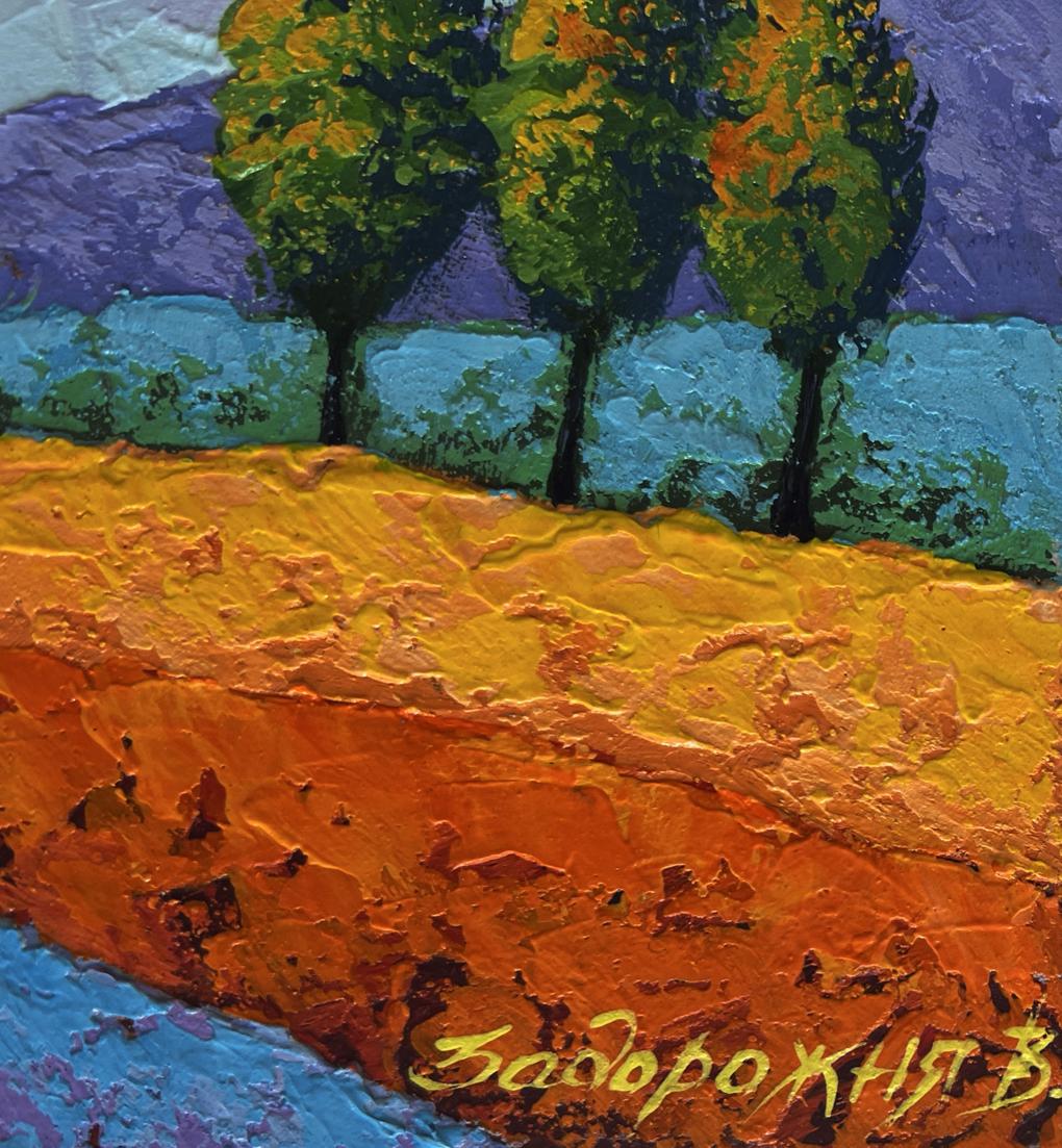 Vibrant oil painting of three stylized trees by V. Zadorozhnya