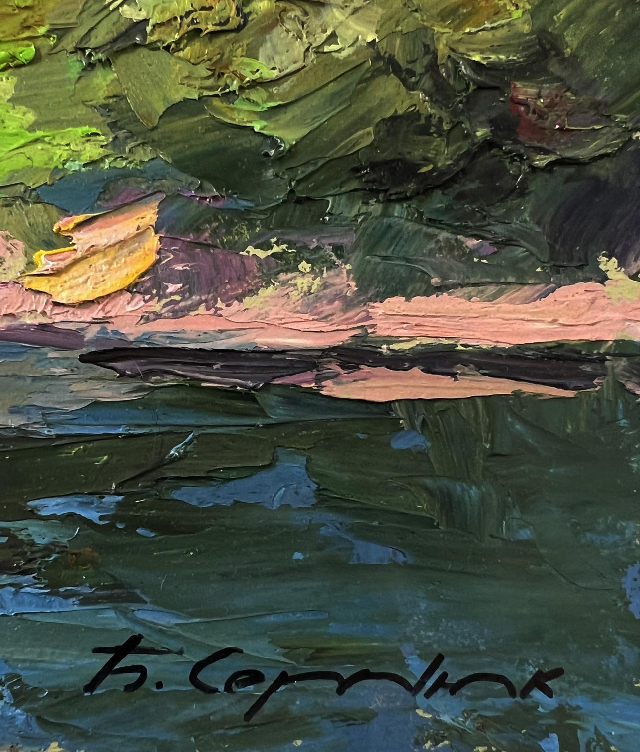 Oil painting Morning fishing by Boris Serdyuk with green foliage and water