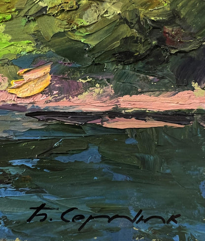 Oil painting Morning fishing by Boris Serdyuk with green foliage and water