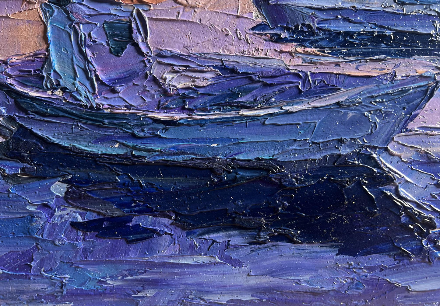 Oil painting Romantic evening by the river by Boris Serdyuk, textured boat in blues