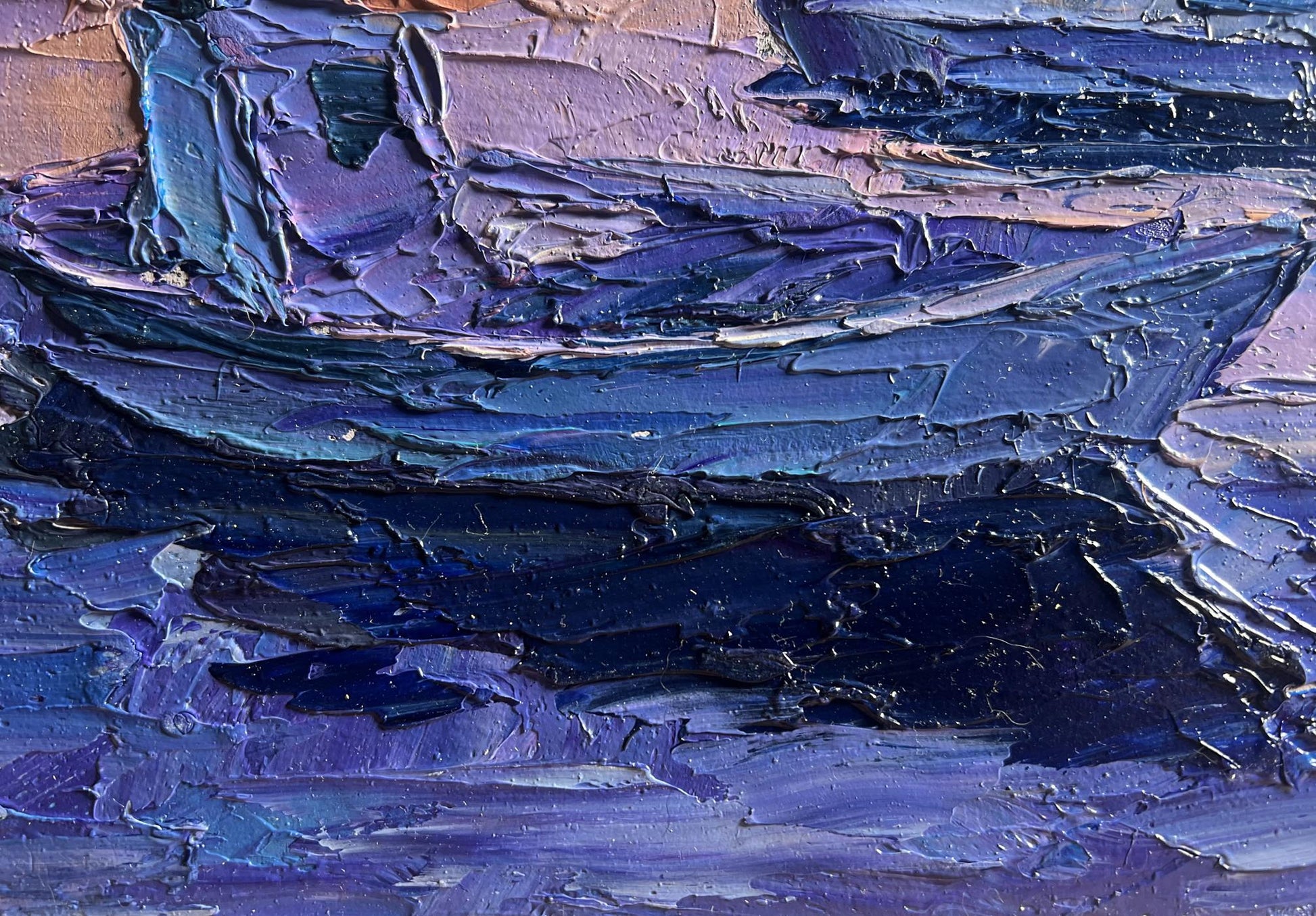 Oil painting Romantic evening by the river by Boris Serdyuk, textured boat in blues