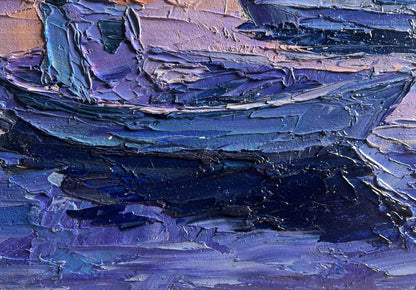 Oil painting Romantic evening by the river by Boris Serdyuk, textured boat in blues