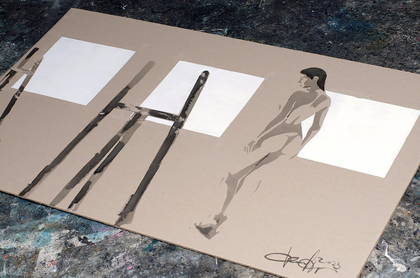 Minimalist beige canvas of woman in motion by Dima Filatov