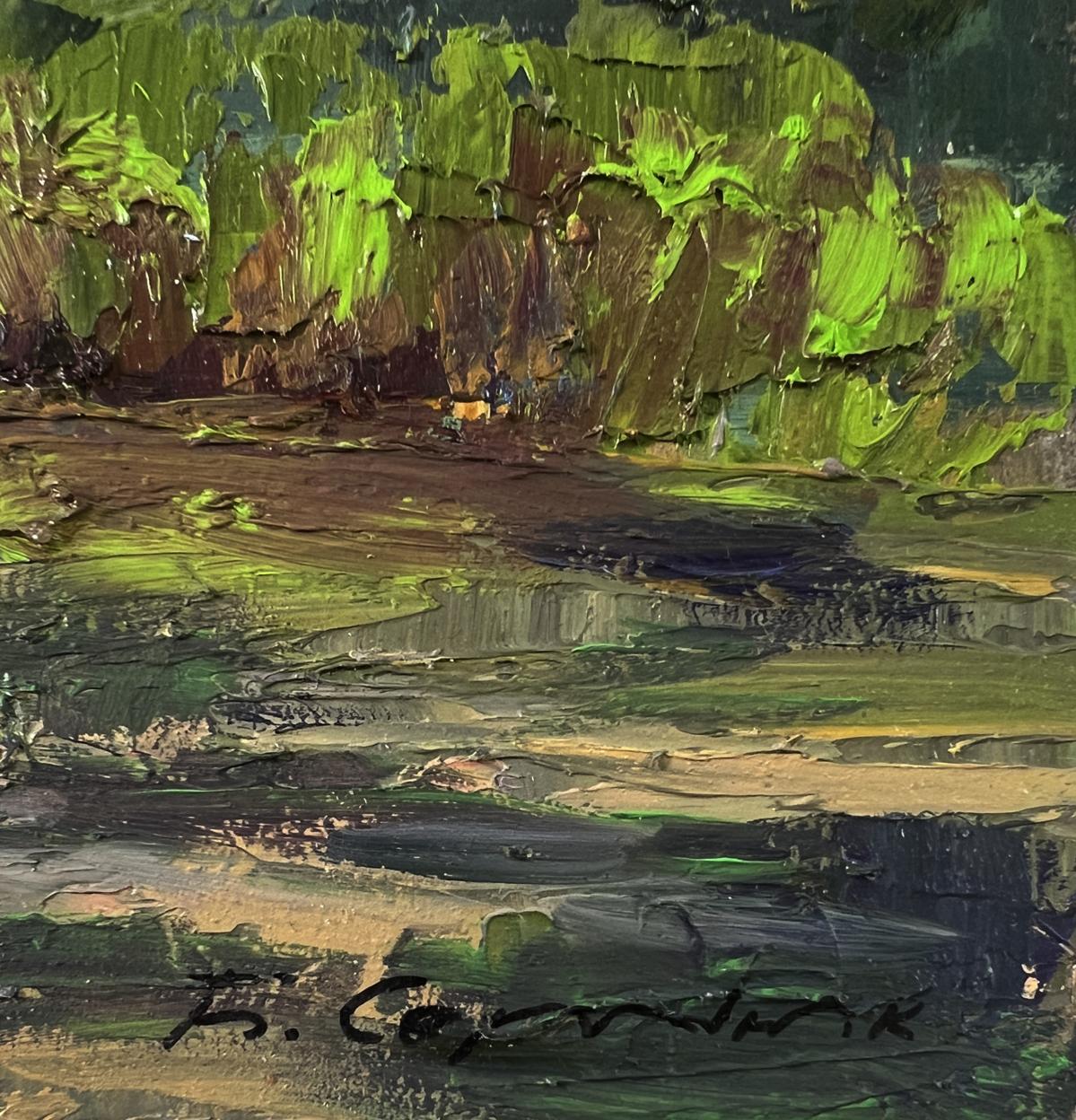 Vibrant impressionist oil painting Spring sunset over the river by Boris Serdyuk