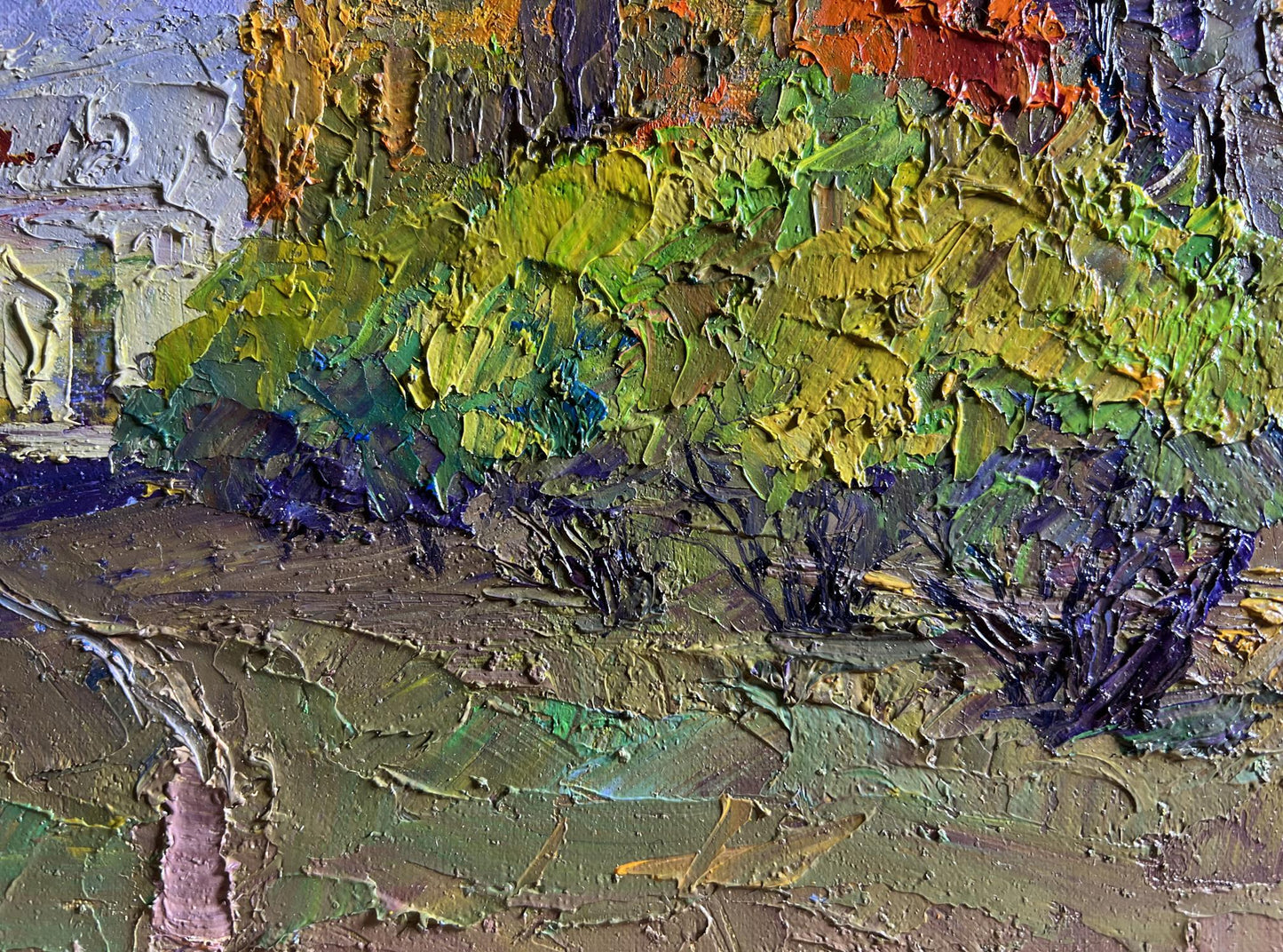 Oil painting Autumn city park by Boris Serdyuk, textured green foliage