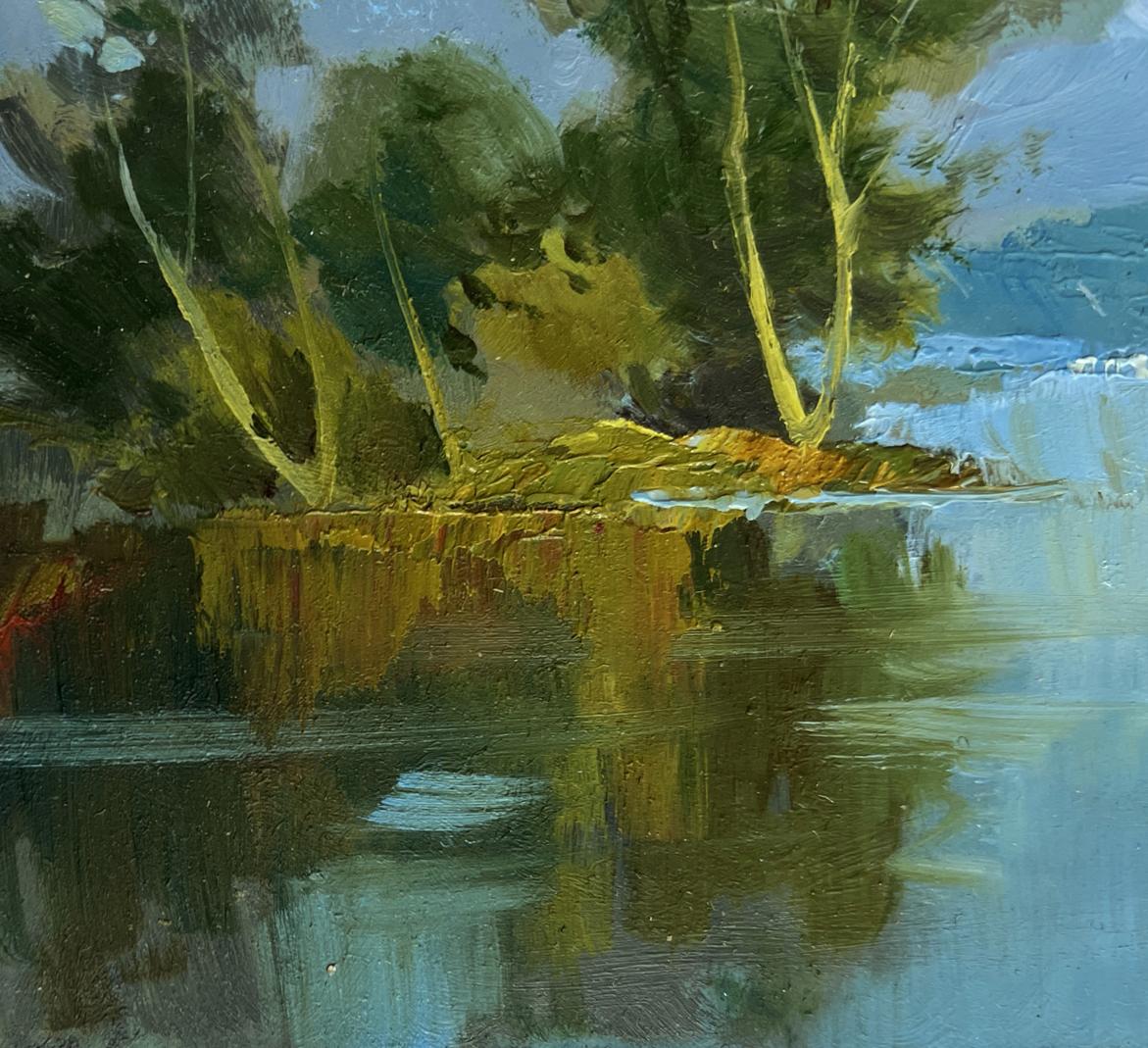 Impressionistic oil painting of trees reflected in calm water by Yuriy Suprunchuk
