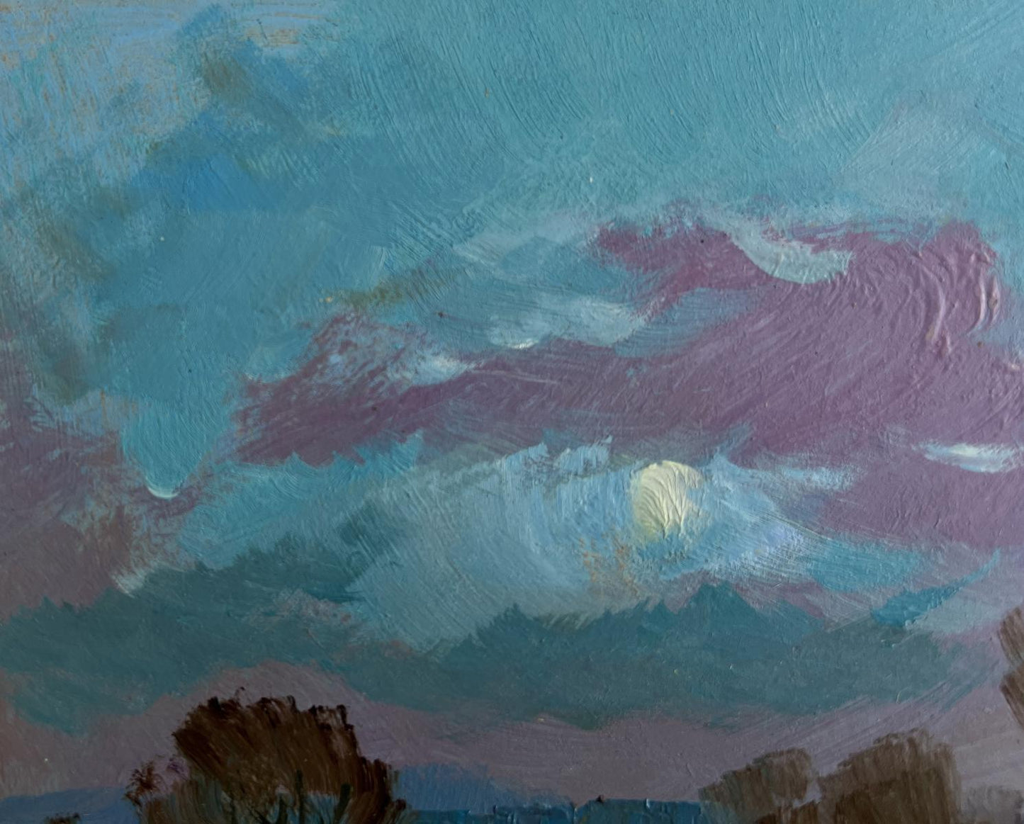 Textured oil painting of twilight sky by Yuriy Suprunchuk in field near lake