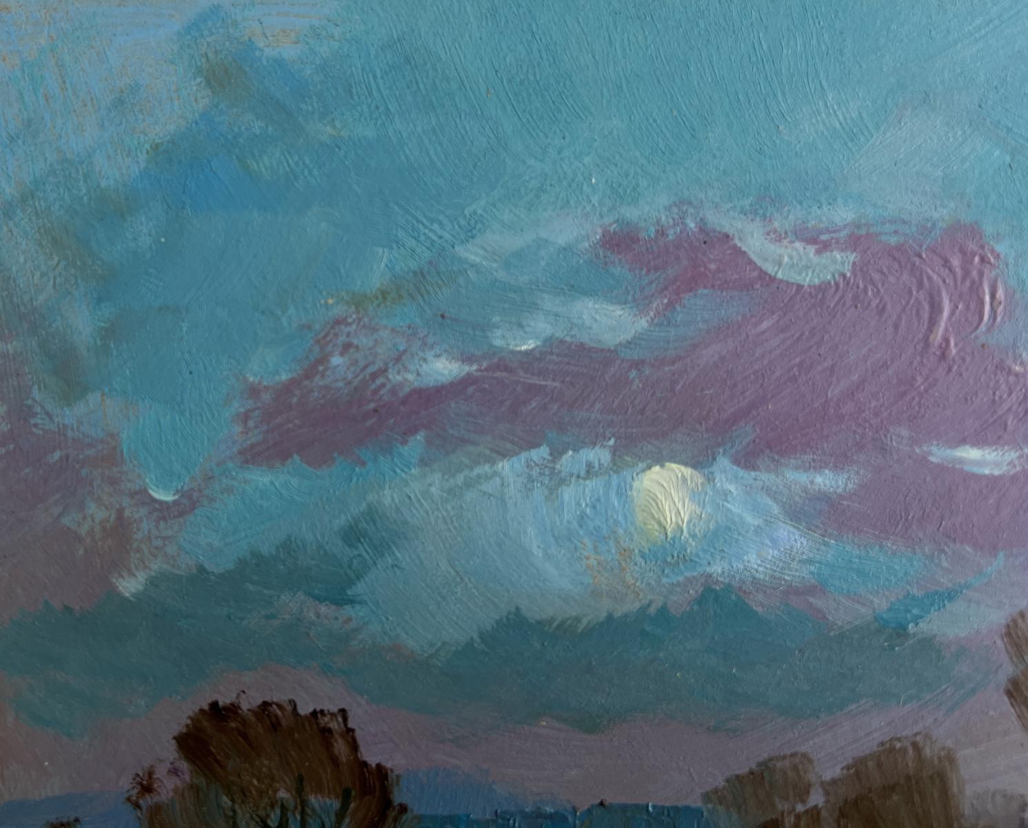 Textured oil painting of twilight sky by Yuriy Suprunchuk in field near lake
