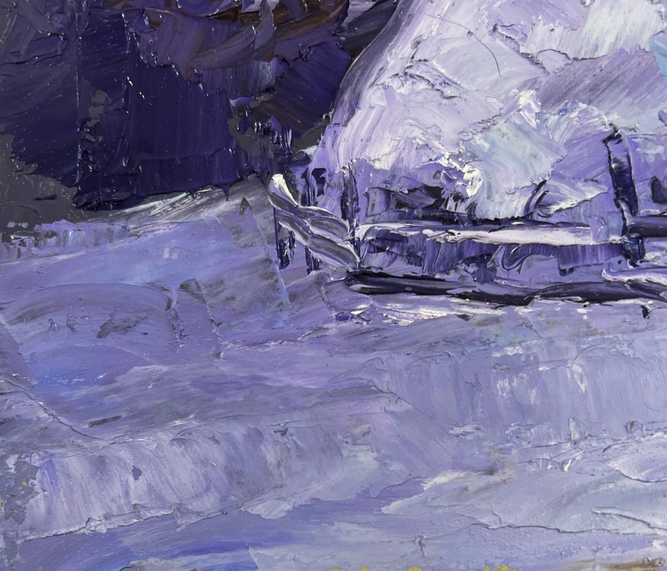 Textured impressionistic oil painting of purple-white rocky fields by Boris Serdyuk