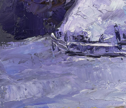 Textured impressionistic oil painting of purple-white rocky fields by Boris Serdyuk