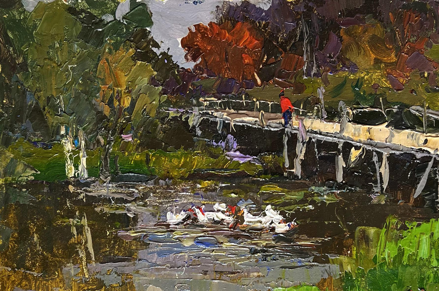 Vibrant oil painting by Oksana Ivanyuk: ducks on lake near rustic bridge