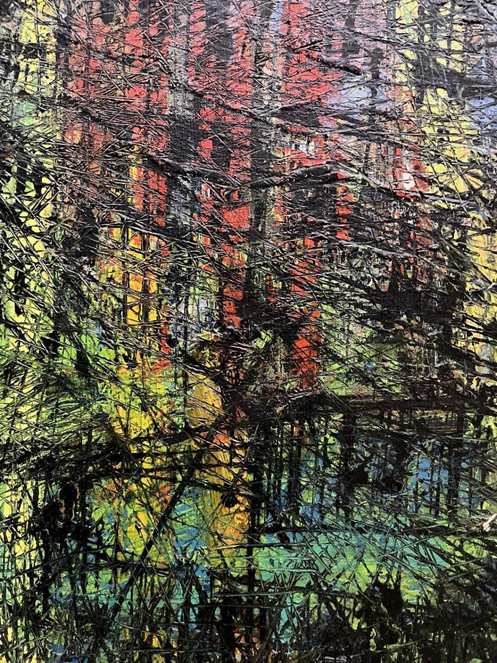 Oil painting Episode by Serhiy Kovalev: bold red, yellow, green streaks on black