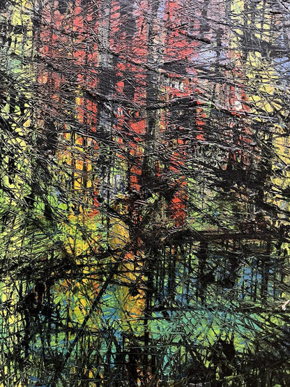 Oil painting Episode by Serhiy Kovalev: bold red, yellow, green streaks on black