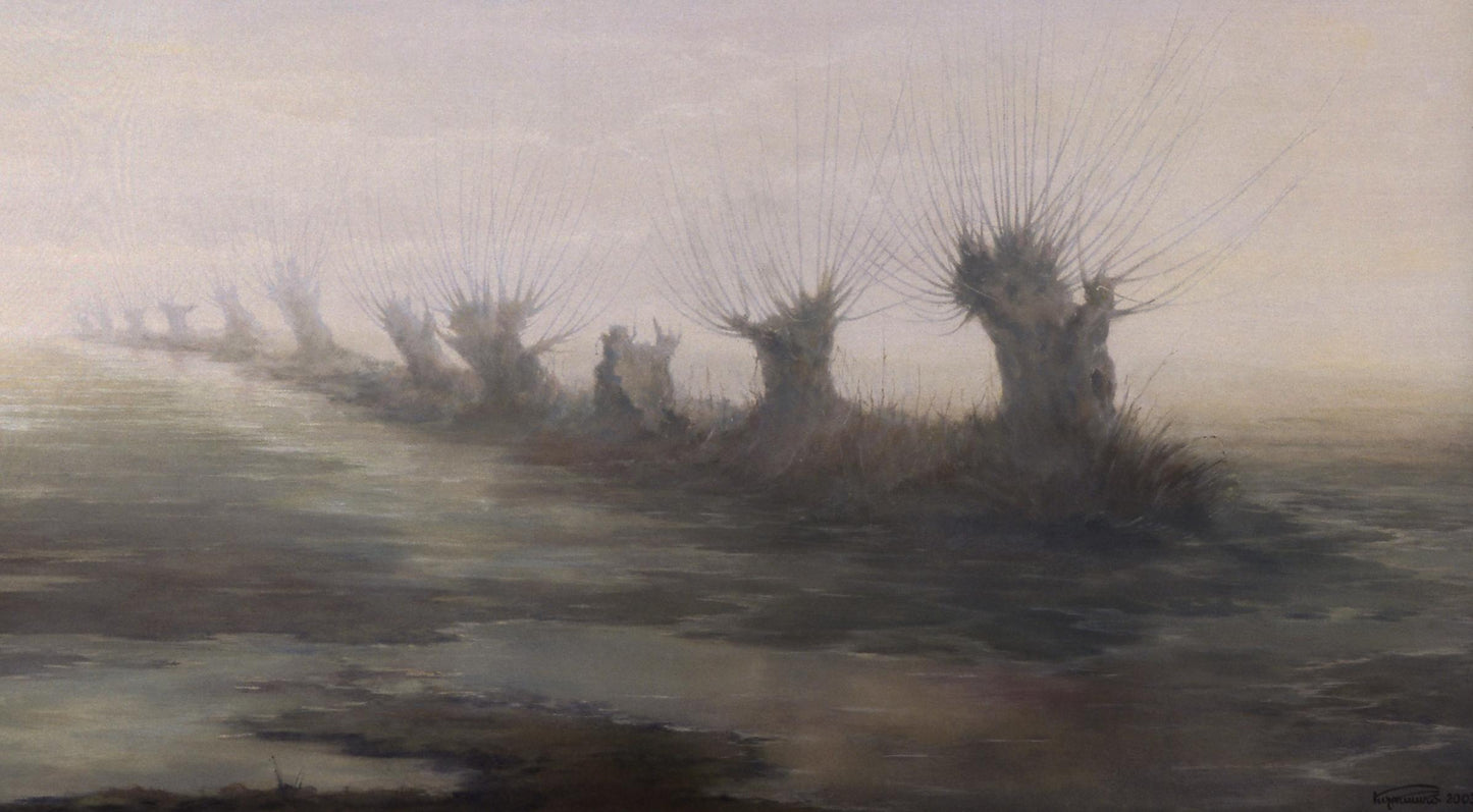 Misty oil painting Early spring by Vasily Korkishko, spiky trees in murky water