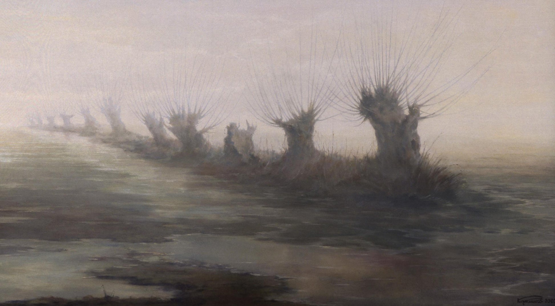 Misty oil painting Early spring by Vasily Korkishko, spiky trees in murky water