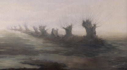 Misty oil painting Early spring by Vasily Korkishko, spiky trees in murky water