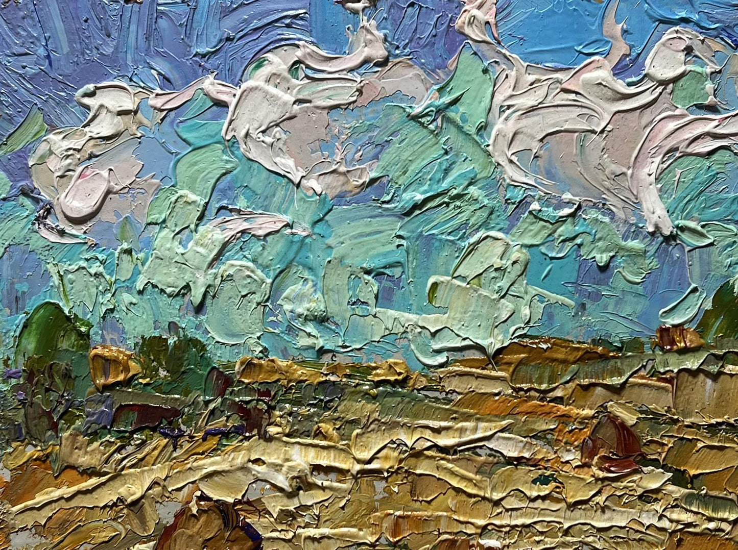 Impressionist oil painting of white clouds over field by Oleksiy Ivanyuk