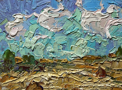 Impressionist oil painting of white clouds over field by Oleksiy Ivanyuk
