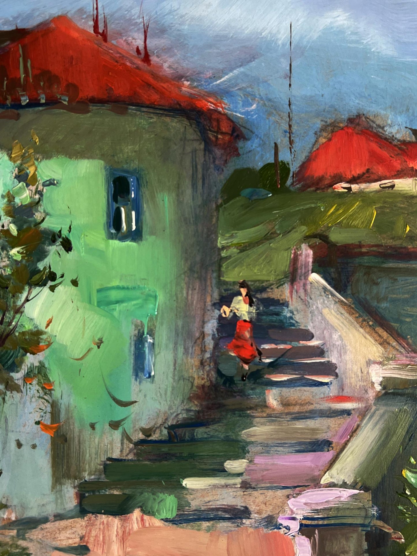 Vibrant impressionist oil painting by Yuriy Suprunchuk: woman in red descending city street stairs